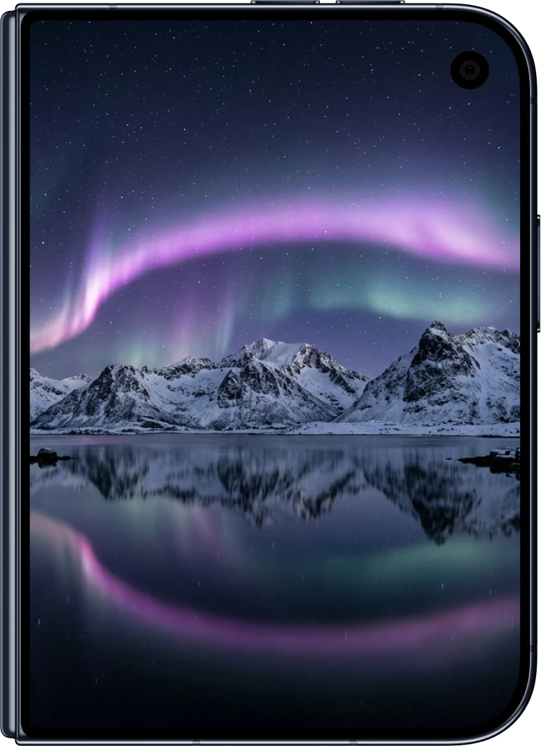 Aurora wallpaper on the outer screen of a folded iPhone Duo