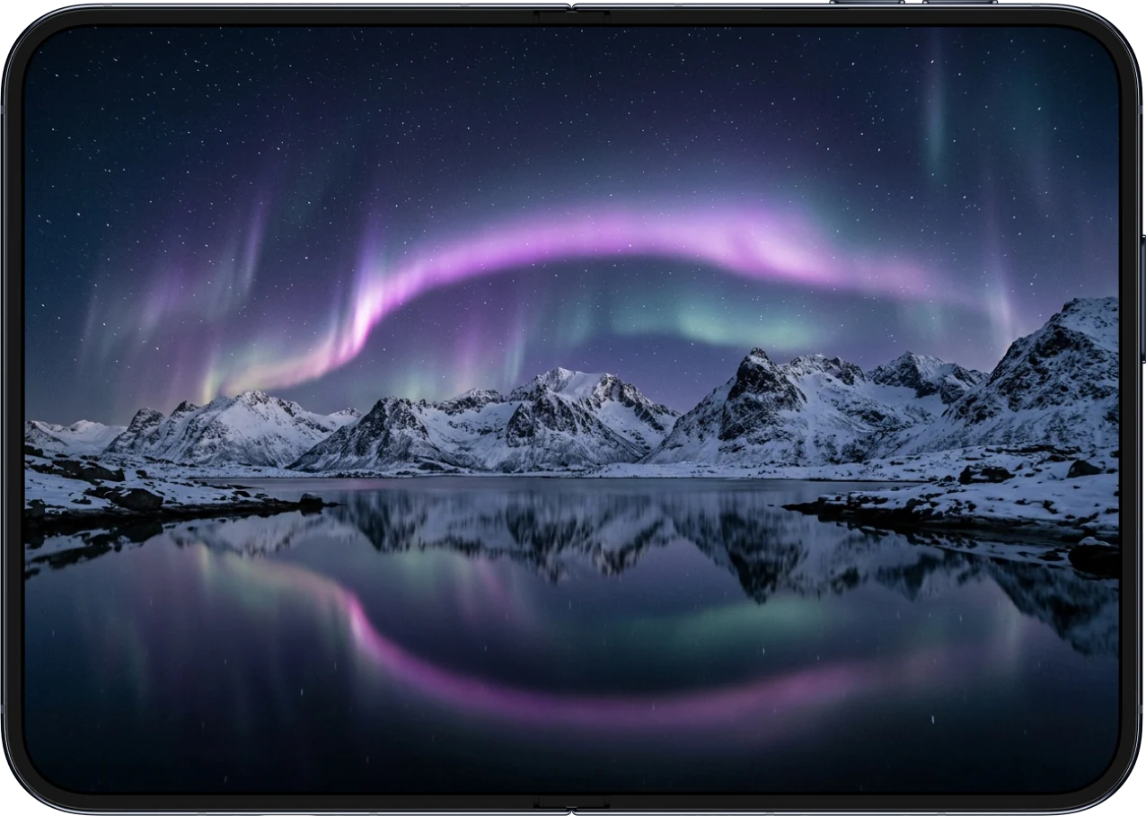 Aurora wallpaper on the inner screen of an open iPhone Duo